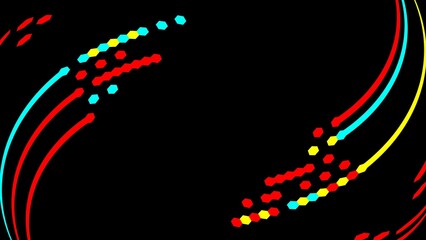Black background decorated with red, blue, yellow stripes and a scattering of hexagons