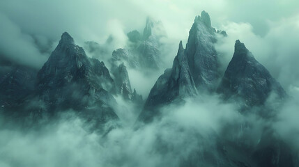 ethereal beauty of mist enveloping mountain peaks at dawn