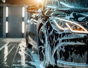 Reviving Elegance: Soapy Solutions Bring Shine to Black Car During Professional Wash