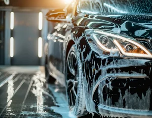 Deurstickers Reviving Elegance: Soapy Solutions Bring Shine to Black Car During Professional Wash © Faiza