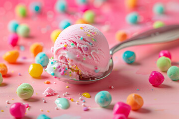 Fototapeta na wymiar A spoonful of ice cream with colorful sprinkles on a pink background
