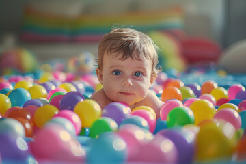 Fototapeta na wymiar A baby is in a pool of colorful balls