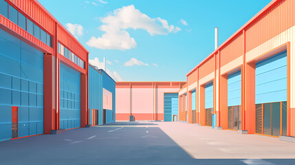 A large empty warehouse with a blue and orange building
