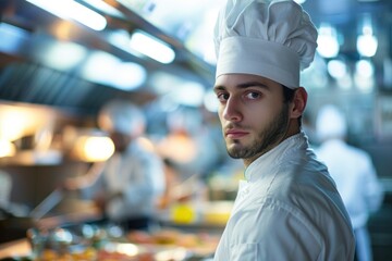 portrait of young restaurant chef in busy professional kitchen - obrazy, fototapety, plakaty