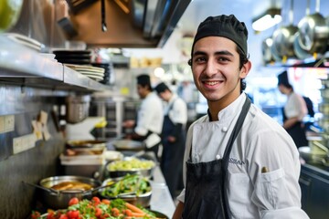 portrait of young restaurant chef in busy professional kitchen
