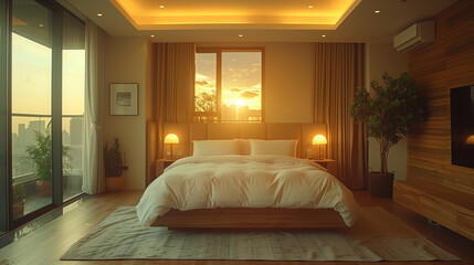 Design of the interior. Stylish bedroom in beige calm color