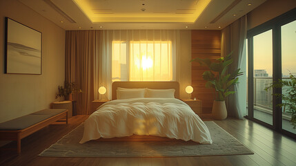 Design of the interior. Stylish bedroom in beige calm color