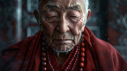 Elderly tibetan monk in crimson robe with prayer beads, monastery setting, close up hdr portrait - obrazy, fototapety, plakaty