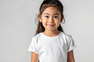 Positive little asian girl in studio wearing simple white t-shirt with no branding - obrazy, fototapety, plakaty