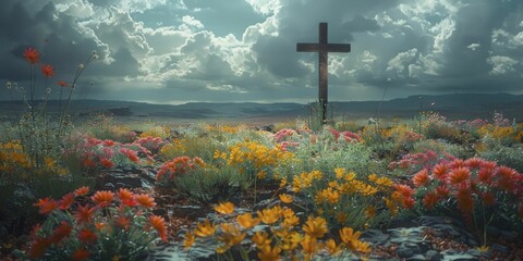 A cross of blooming flowers in a desolate land, hope earth background for flourishing faith. - obrazy, fototapety, plakaty