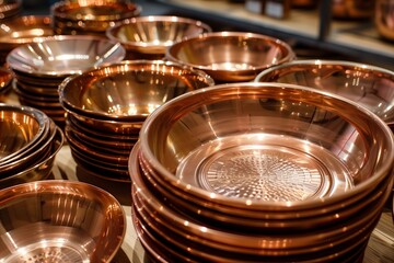 stacks of shiny copper cookware basking in a warm, inviting light, suggesting culinary quality
