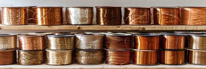 An array of copper wire spools organized neatly on industrial shelving, representing manufacturing processes