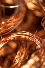 Close-up image focuses on the detail and textures of copper wire coils with a soft, blurred background