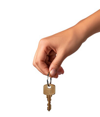 Hand holding key isolated on transparent background. Real estate and property concept