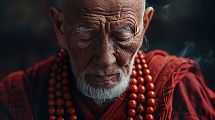 Elderly tibetan monk in crimson robe, close up portrait with prayer beads in ancient monastery