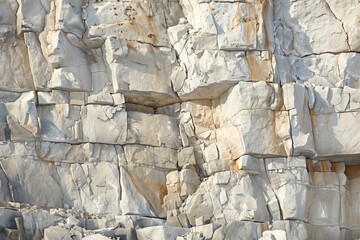 Sunlit natural limestone rock wall with deep textures and shadows showing stark ruggedness