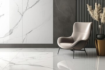 Luxurious living space featuring a sleek modern chair and stylish marble wall panels in a chic interior setting