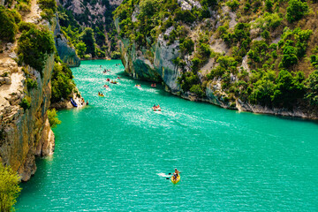 Boats on water, Verdon Gorge in Provence France. - obrazy, fototapety, plakaty