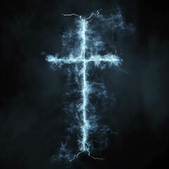 Cross shaped lightning bolt, power black background for electrifying belief. - obrazy, fototapety, plakaty