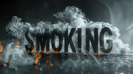 3d letters smoking smoke and fire against dark background
