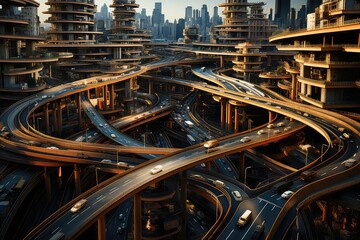From above, an expansive highway intersection unfolds, a tapestry of flowing traffic. The crisscrossing lanes create a mesmerizing pattern, showcasing the hustle  - obrazy, fototapety, plakaty