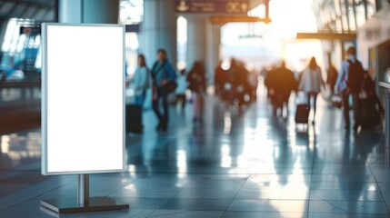 Mockup white board adds ambiance to bustling airport scene with blurred tourists walking – travel and lifestyle concept