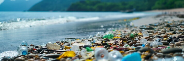 A sweeping view of a beach contaminated with various plastic debris and trash impacting environment