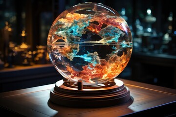 stunning 3D hologram materializes, depicting a rotating globe suspended in mid-air. Its vibrant colors and intricate details create a lifelike representation of Earth. 