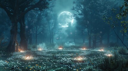 Fairy circle in a moonlit glade - obrazy, fototapety, plakaty