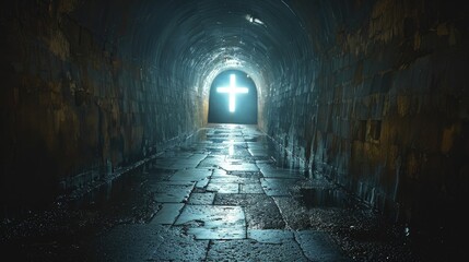 Cross at the end of a long, dark tunnel, light at end white background for hopeful belief.
