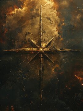 Cross at the convergence of ley lines on a mystical map, energy earth background for spiritual belief.