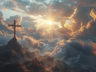 Cross illuminated by a beam of sunlight through clouds, divine light background for enlightened belief. - obrazy, fototapety, plakaty