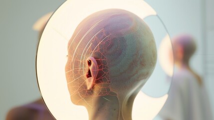 An image of a halogram depicting alopecia against a mirror background, which is intended to emphasize the emotional and psychological side of the problem and the importance of self-understanding and - obrazy, fototapety, plakaty