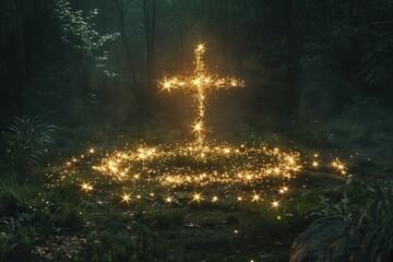 Cross in a circle of fireflies at night, enchantment black background for lighted belief.