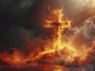 Cross made of flowing lava, creation orange background for fiery belief.