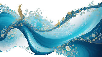 花と青い波　AI画像　ジェネレーティブAI - obrazy, fototapety, plakaty