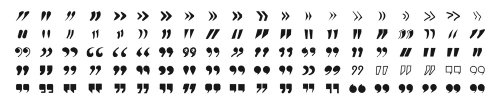 Vector black quote icon set. Quote Icon Object. Quotemarks outline, speech marks, inverted commas or talking marks collection. Talk bubble speech icon
