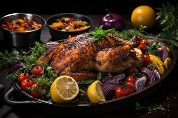 From a high angle, a tempting chicken meal unfolds. Golden-brown roasted chicken, surrounded by vibrant vegetables and aromatic herbs, creates an inviting tableau 