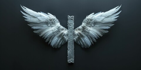 Shadows of angel wings creating a cross, purity black background for angelic protection. - obrazy, fototapety, plakaty