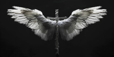 In the darkness, angelic wings form a protective cross over a pure black backdrop, symbolizing angelic safeguarding. - obrazy, fototapety, plakaty