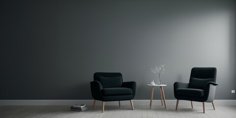 A living room with a black couch and two black chairs - obrazy, fototapety, plakaty