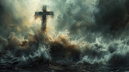 Whirlwind swirling around a steadfast cross, chaos beige background for the anchor of faith. - obrazy, fototapety, plakaty