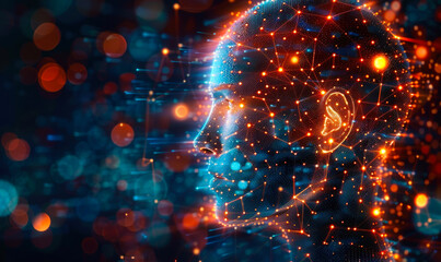 Obraz premium Futuristic wireframe human profile with glowing technological network connections, artificial intelligence, deep learning, data analysis in a digital world, integration of human & machine intelligence