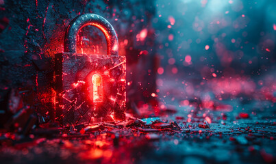 Glowing, electrified padlock surrounded by fractal energy beams and chaotic particles, symbolizing the concept of data security breaches, vulnerabilities, and cyber threats in the digital realm