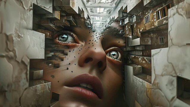 Abstract representation of a woman's mind trapped in a maze puzzle