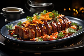 Savor the exquisite Chinese cuisine: a plate of braised chestnut pig tail. The succulent meat, braised to perfection, intertwines with the rich chestnut flavors, creating a culinary delight 
