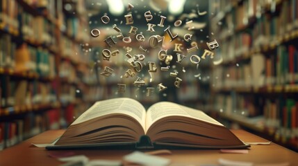 Enchanting education: open book on table with floating english alphabet in library setting, blurred bookshelf background - back to school concept