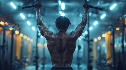 A man performing pull ups in a gym, surrounded by electric blue lights - obrazy, fototapety, plakaty