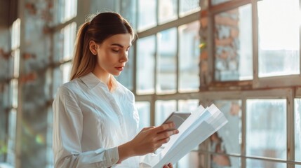 Professional woman in white shirt multitasking: talking on smartphone, holding documents in loft office with panoramic windows background - business communication concept