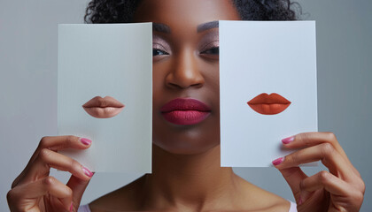 dark-skinned woman selects the color of lipstick for her lips. Lip augmentation with Botox, cosmetics for a girl's face.